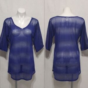 O’Neill Blue Sheer Mesh Swimsuit Cover-Up V-Neck 3/4 Sleeve XS/S Beach Chic